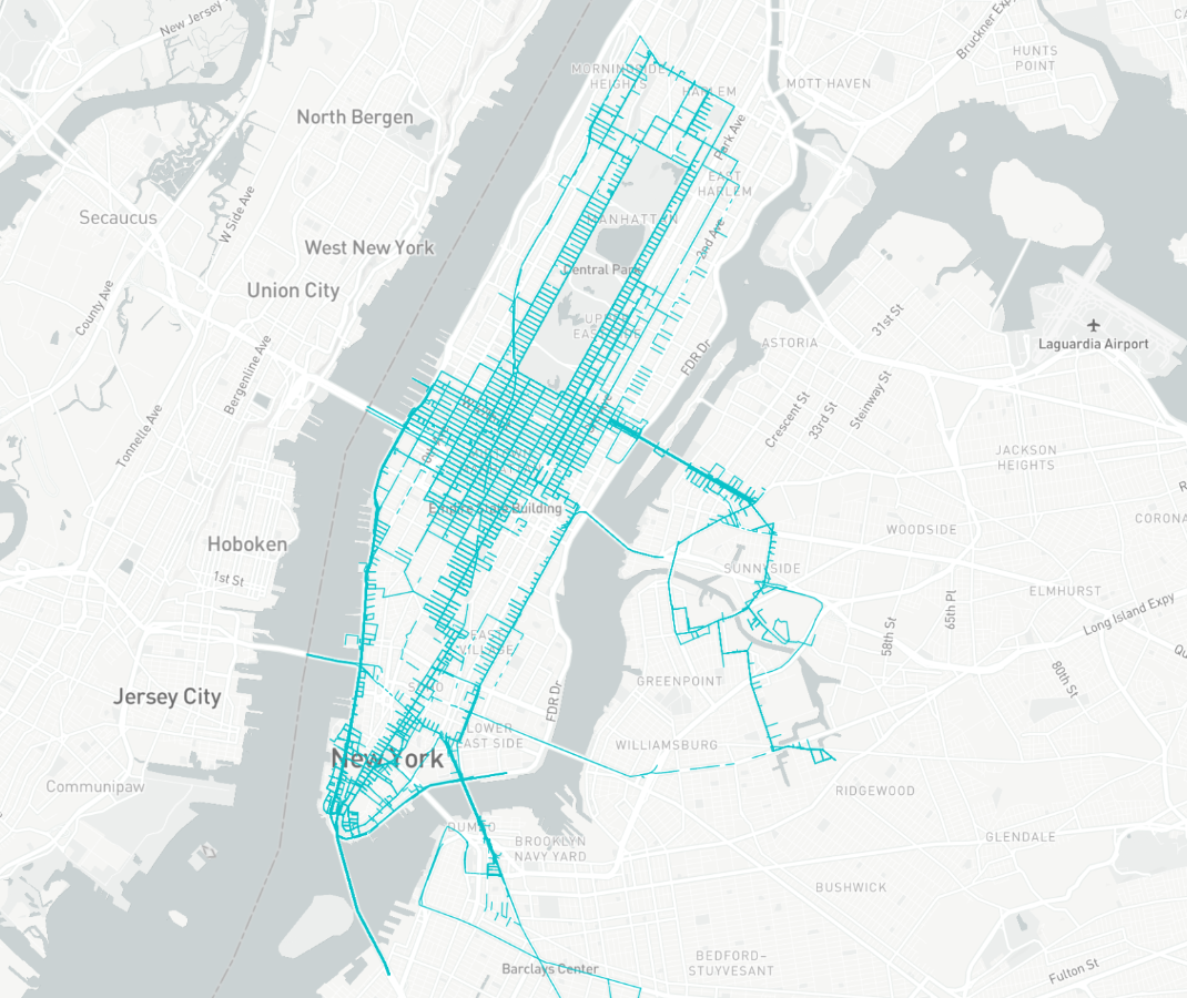 A map of New York City showing the routes that transit vehicles drove during an out-of-home ad campaign